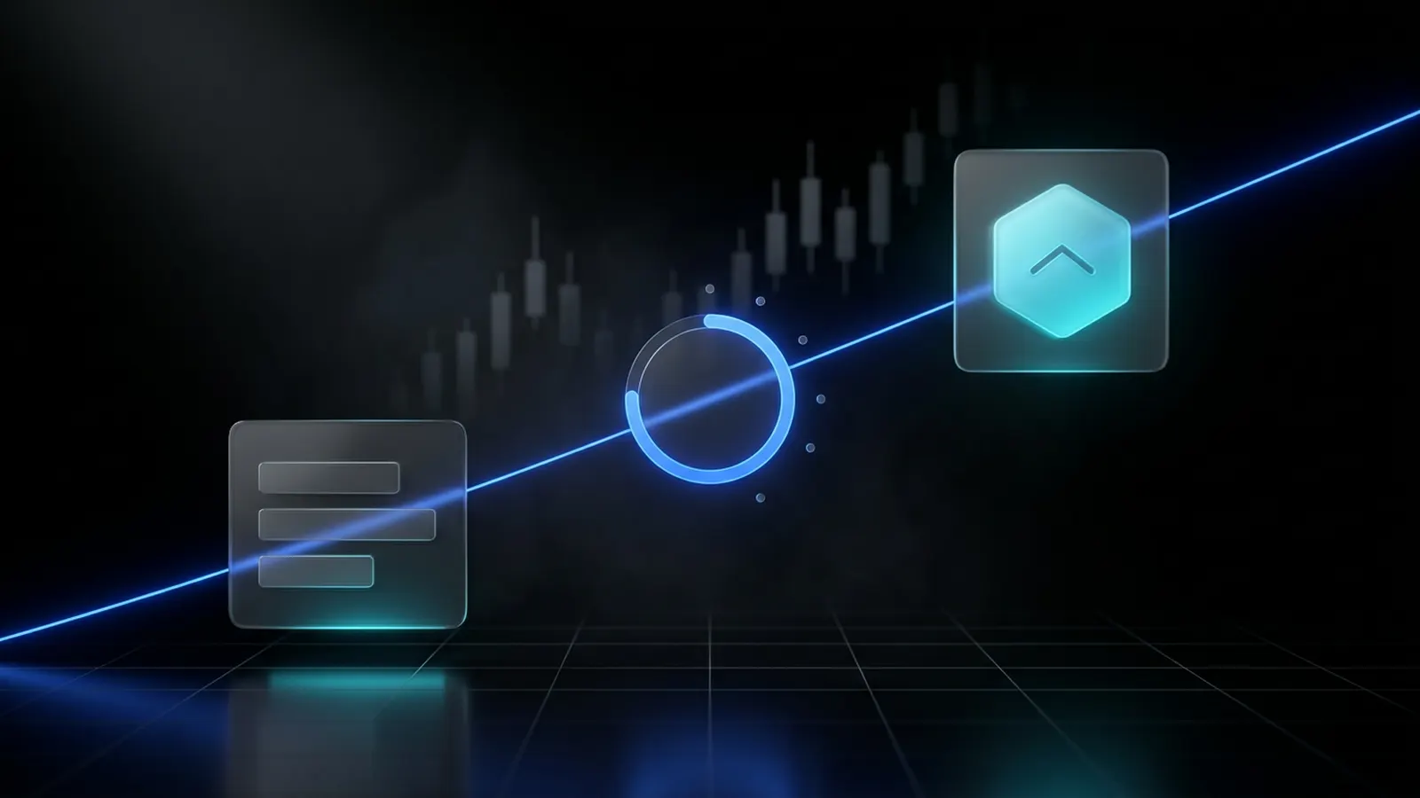 Three ascending modules connected by a blue energy beam, representing GenOne's evaluation journey from sign-up to qualification