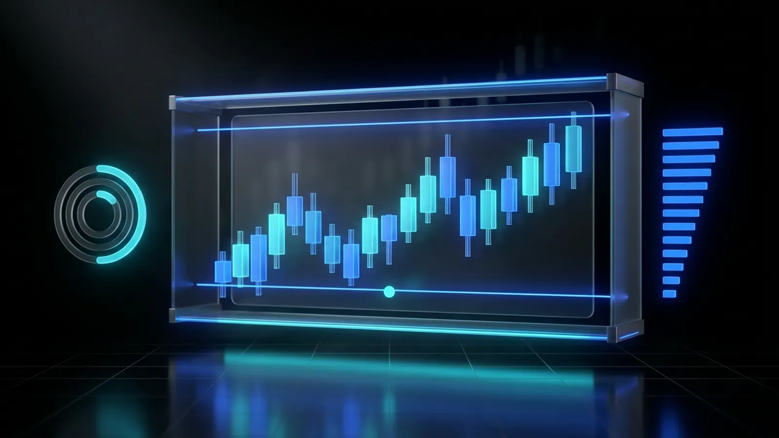 A 3D futures candlestick chart enclosed in a transparent blue guardrail framework with account health and risk tier indicators